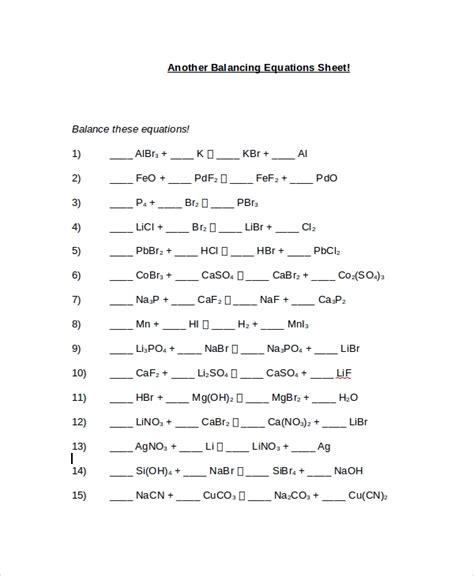 sample balancing equations worksheet templates   ms word
