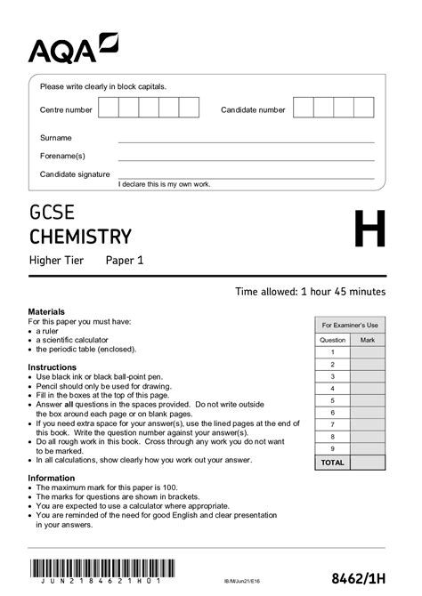 aqa  level gcse chemistry higher tier paper  question paper