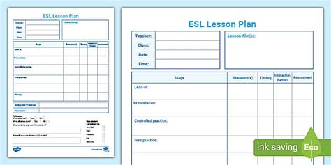lesson plan template  esl esl primary resources