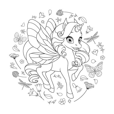 cute fairy unicorn  wings surrounded  flowers  butterflies