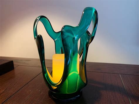 Teal Free Form Fused Glass Sculpture Glass Art Candle Holder Delphi