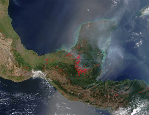 nasa visible earth fires  smoke  yucatan peninsula
