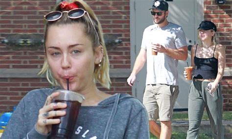 makeup free miley cyrus and liam hemsworth step out for iced coffee in