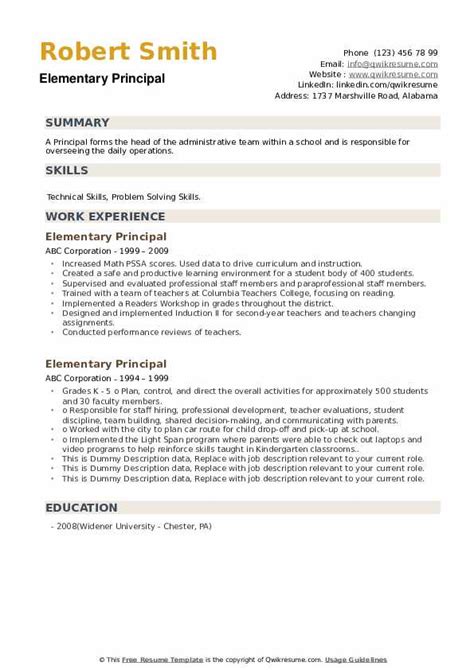 elementary principal resume samples qwikresume