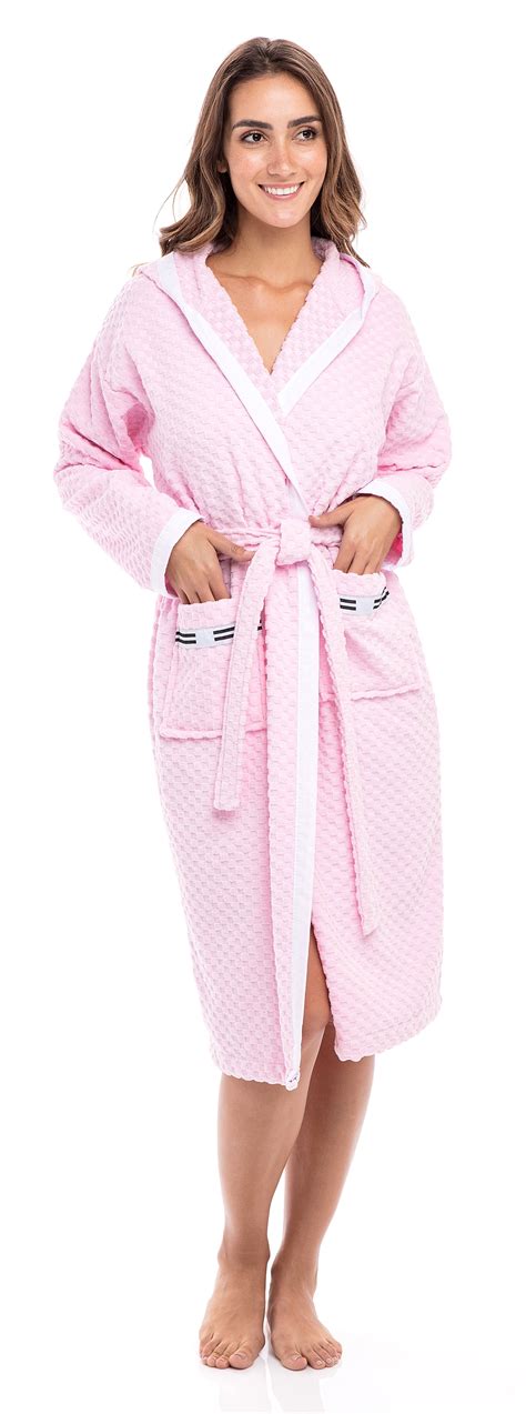womens waffle weave robe ladies hooded bathrobe  terry cotton spa robes pink  walmartcom