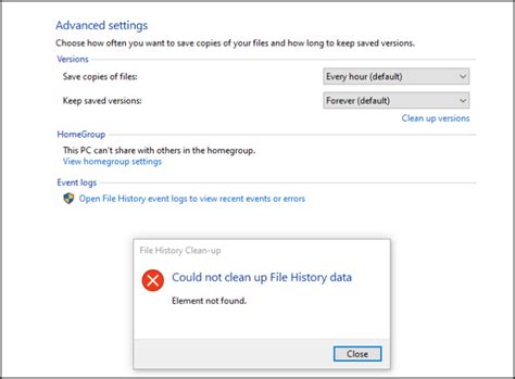 could not clean up file history data element not found error on windows