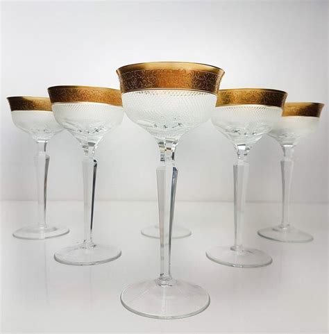 Set Of Six Moser Clear Crystal Glasses With Gilded And Etched Band For