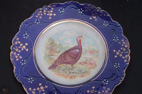 Antique La Belle Turkey Platter And 6 Plates Flow Blue Wheeling Pottery C