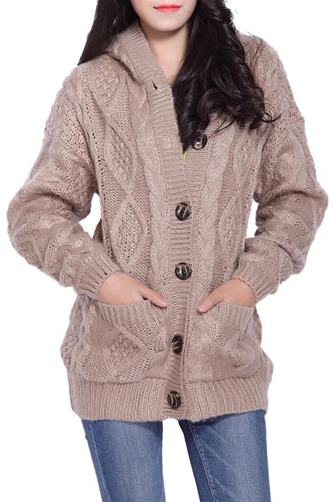 Khaki One Size Cable Knit Hooded Cardigan