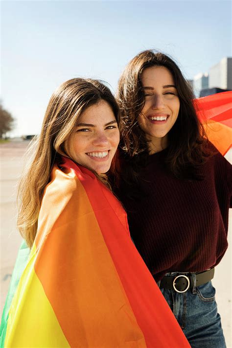 Couple Lesbian Woman With Gay Pride Flag Smiling Portrait Photograph By