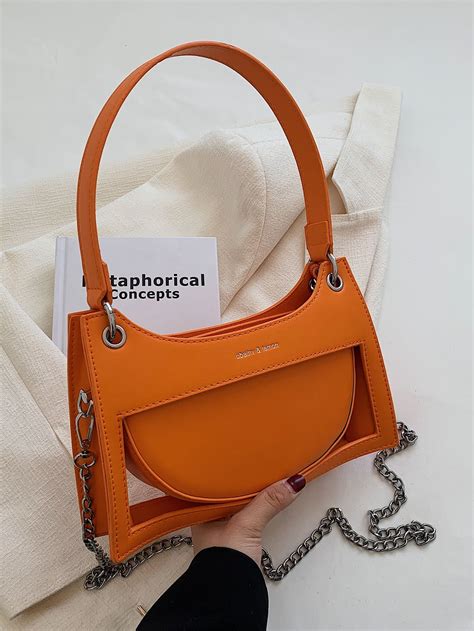 orange fashionable collar pu leather letter baguette bag embellished