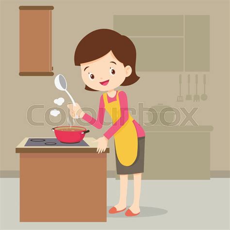 mom cooking in kitchen vector cartoon illustration woman cooking and presenting at kitchen