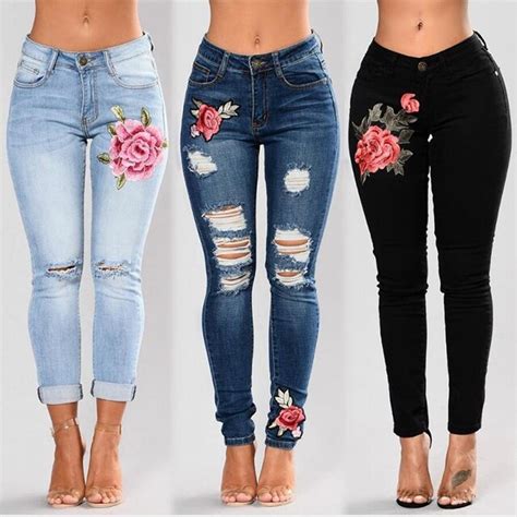 Stretch Embroidered Jeans For Women Elastic Flower Jeans Female Slim