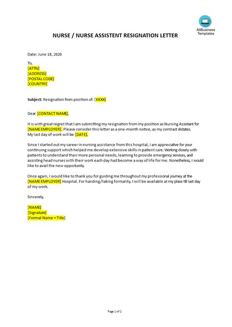 resignation letter  nursing assistant templates