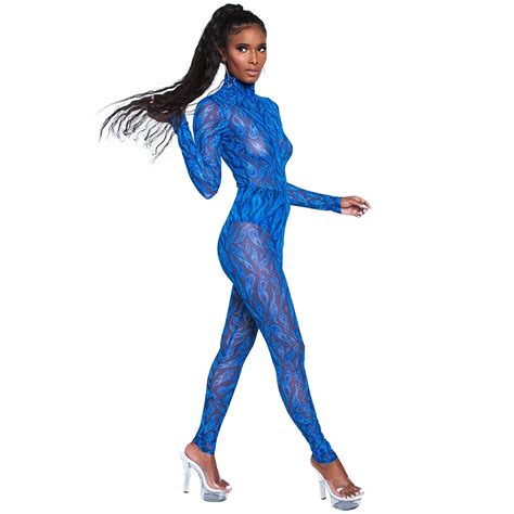 new see through lace patchwork bodycon blue jumpsuits sexy women high