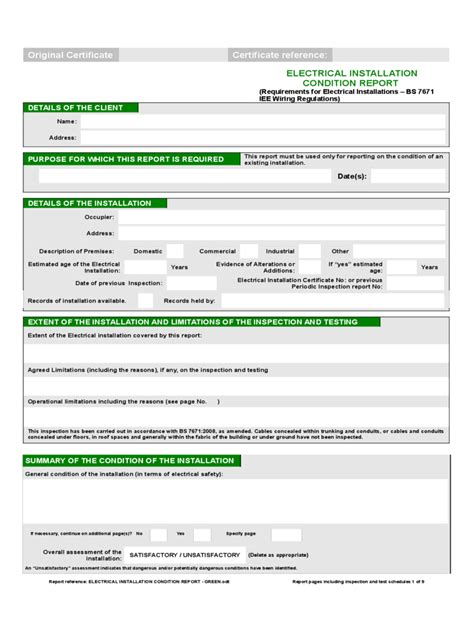 electrical installation condition report form   intended
