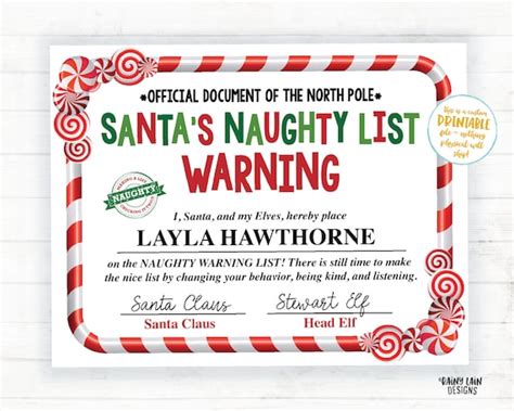 santa certificate printable naughty list warning santas etsy