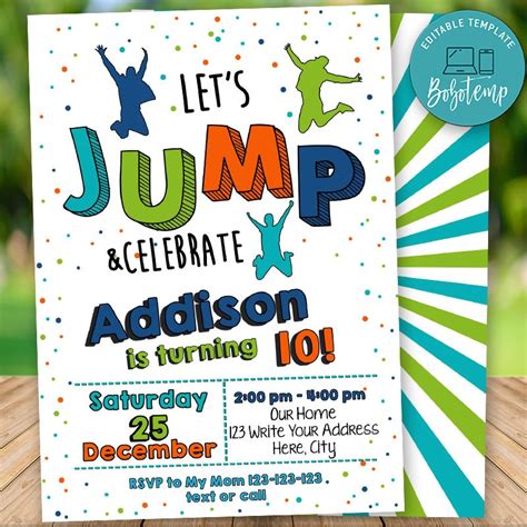 editable jump trampoline birthday invitation instant  bobotemp