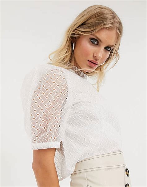 high neck blouse  puff sleeves  white broderie asos