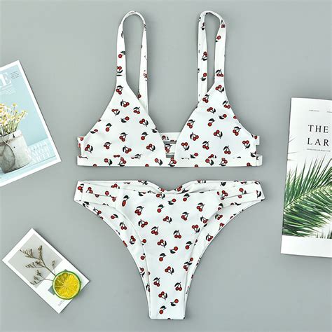2019 New Bikini Cherry Print Cute Swimwear Women Swimsuits Padded