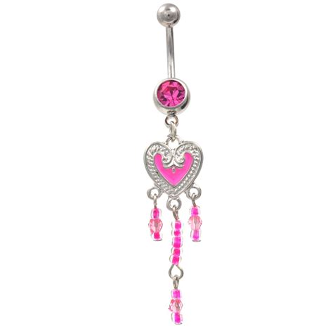 pink heart and dangling sparklers belly ring