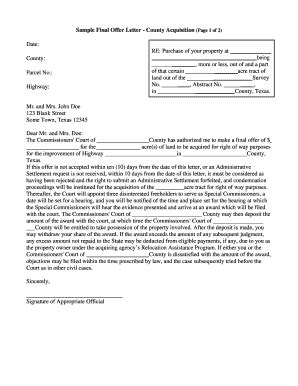 sample final offer letter county acquisition page    ftp txdot