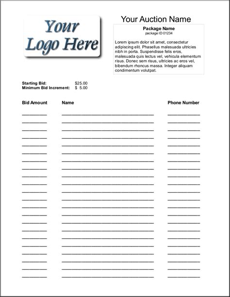 silent auction bid sheet templates formats examples  word excel