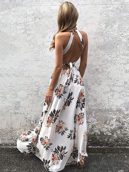 robe longue 2018 licol blanc maxi robe sans manches dos nu imprimé