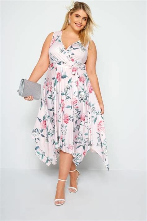 yours london pink floral wrap dress with hanky hem plus size 16 to 32