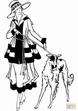Dog Coloring Walking 1920s Woman Fashion Vintage Lady Pages Style Book Postcard Public Drawing 1930s 1940s Fancy Domain Cartoon Illustration sketch template