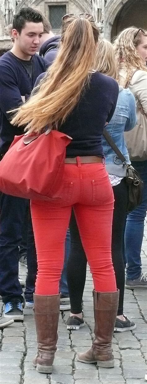 stunning girl in tight red jeans uk