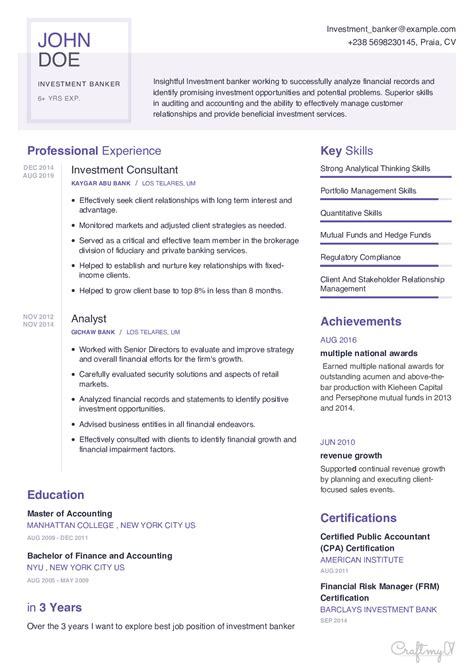 investment banker resume   content sample craftmycv