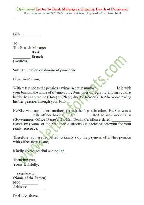 sample letter  bank manager informing death  pensioner