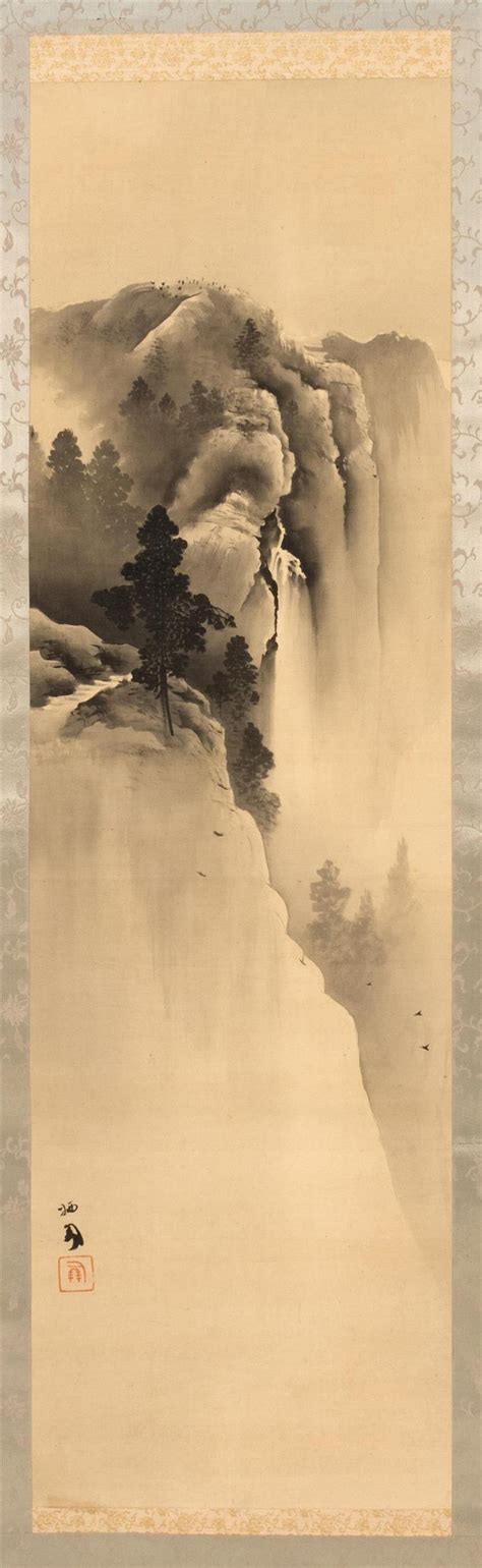 lot japanese sumi  painting  silk hillside landscape  waterfall signed  seal marked