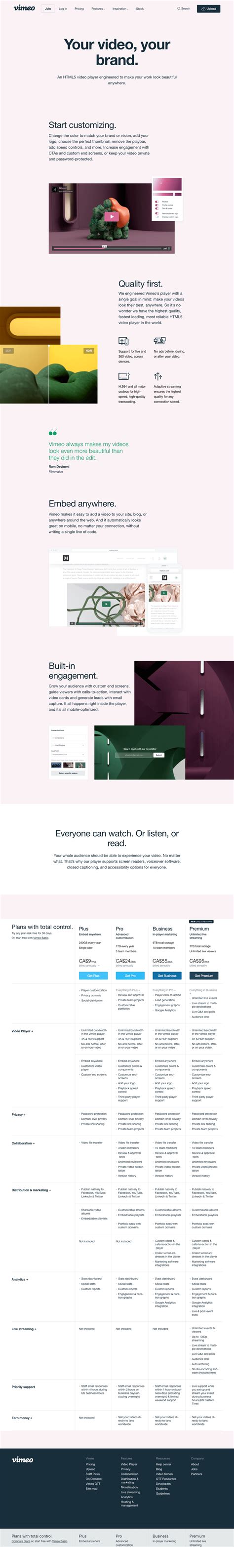 vimeo features page  find saas websites inspiration