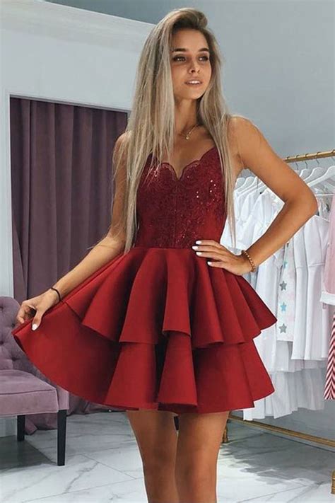 Burgundy Spaghetti Strap Two Layers Satin Short Prom Dress With