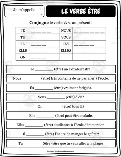 french etre verb worksheet set  teach simple