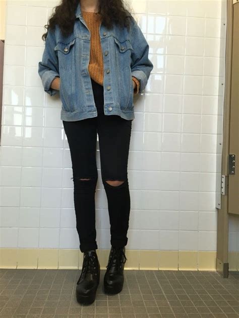grunge girl   ripped black skinny jeans dark mustard