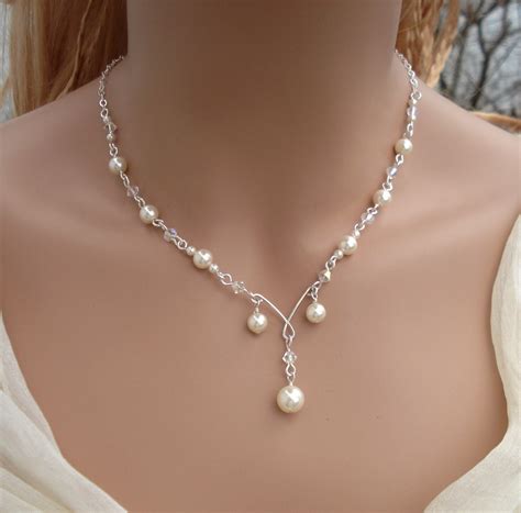 sterling silver bridal pearl  crystal necklacebridesmaid necklace bridal jewelry pearl