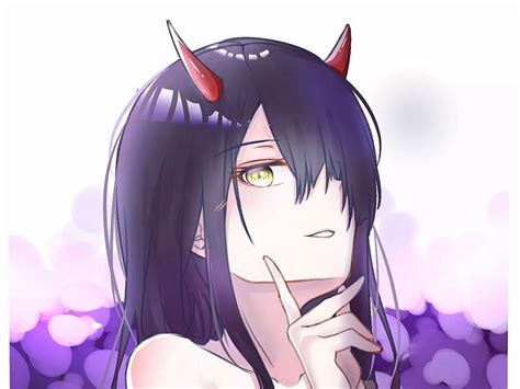 wallpaper  demon girl horns glance anime art purple standard  hd