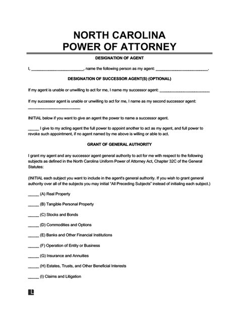 north carolina nc power  attorney forms  word