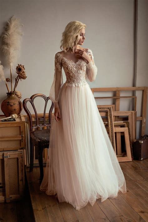 Tulle Wedding Dress Boho Ivory Illusion Long Sleeve Etsy