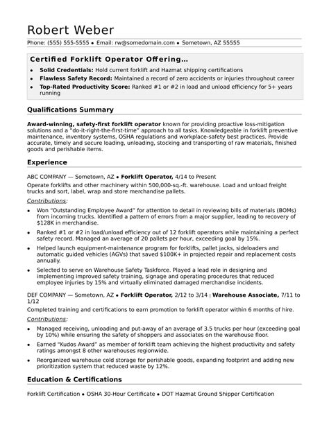 expert forklift operator resume