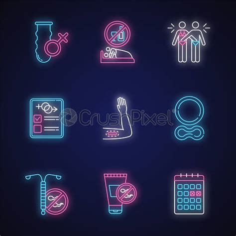 Safe Sex Neon Light Icons Set Female Vaginal Condom Male Stock Vector