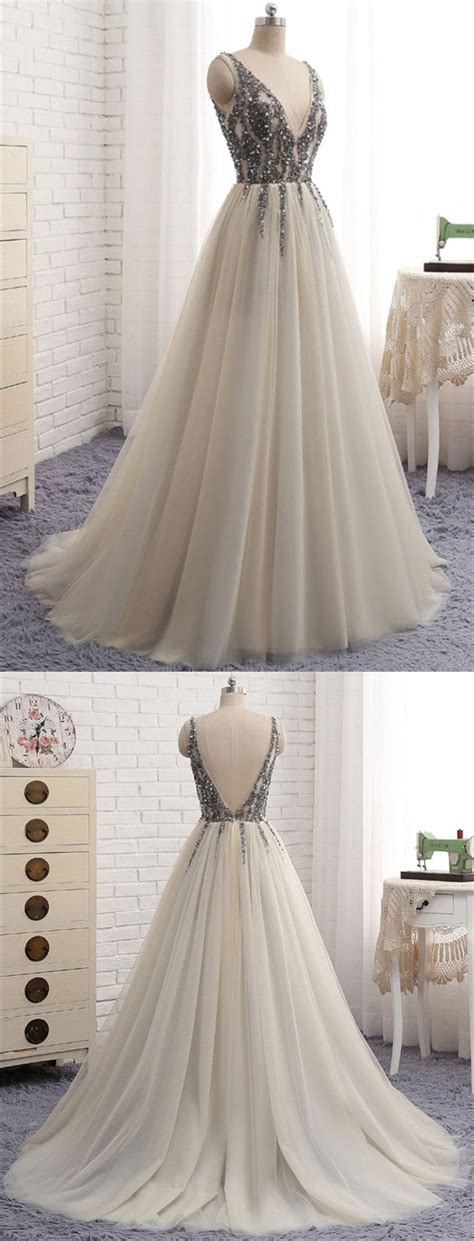 fashion grey prom party dresses with plunging neckline elegant beaded