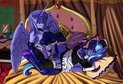 rule 34 alicorn anthro bed blue eyes breasts cleavage