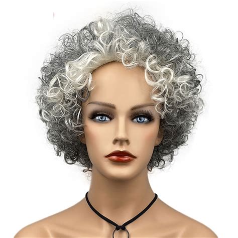 dark gray cream mixed short curly black women wigs heat friendly smooth