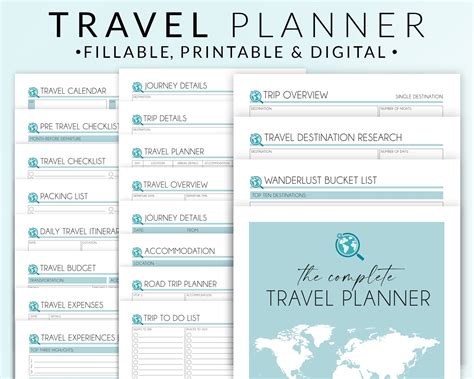 travel planner printable vacation trip itinerary digital fillable  template holiday schedule