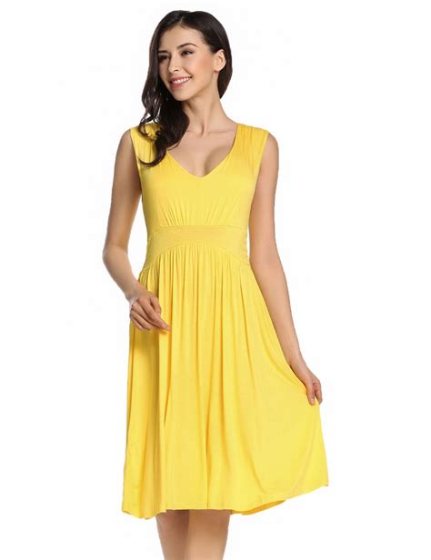Yellow V Neck Sleeveless Solid Fit And Flare Casual Dress Flare Dress