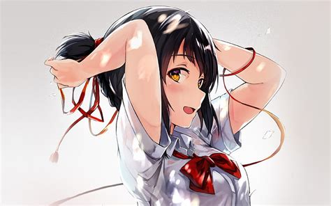 hd wallpaper yourname anime film girl red ribbon illustration